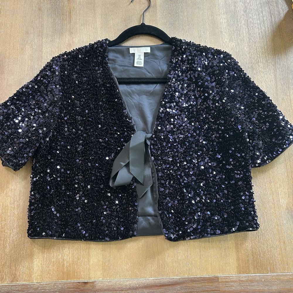 H&M Sequin Tie Front Navy Blue‎ Blouse Cropped Size Small